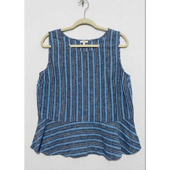 Talbots Tops - Talbots Womens Striped Sleeveless Top Peplum Hem Blue Linen Blend Boho Medium